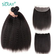 Sexay 13x4 cierre Frontal de malla con mechones rizado cabello humano con cierre 3 mechones de cabello virgen brasileño con Frontal