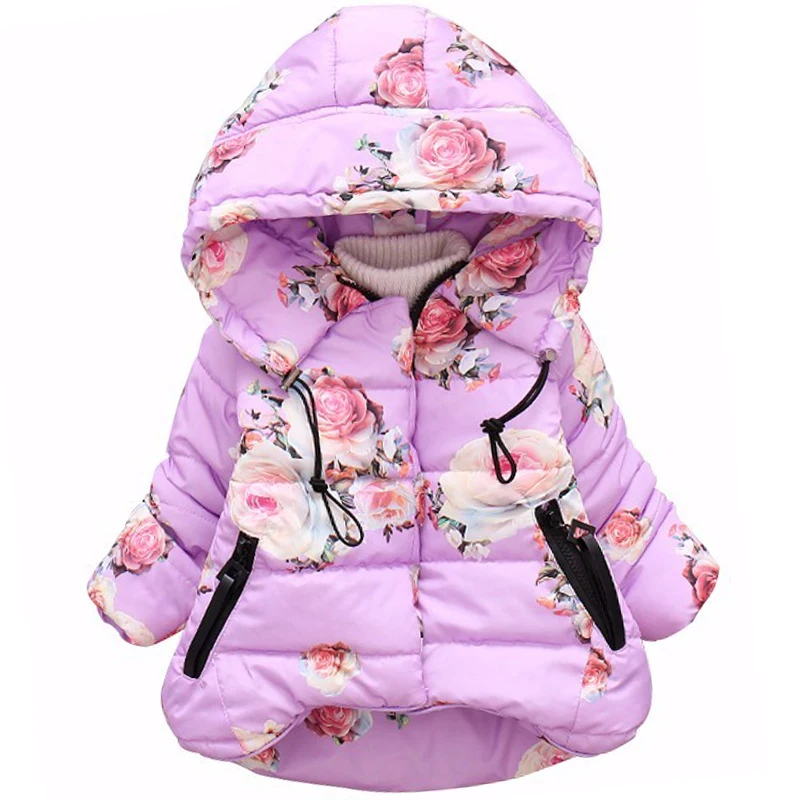 Зимняя куртка-пуховик для девочек; плотная куртка с капюшоном и цветочным принтом; пальто; Верхняя одежда для малышей; детская парка; верхняя одежда