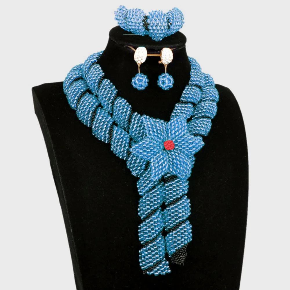 Магазин Dudo, африканские ювелирные изделия, золото и черный, нигерийское ожерелье, набор для женщин, 2 слоя, кристалл, бисер, цветок, вечерние ювелирные изделия, набор - Окраска металла: Sea Blue Black