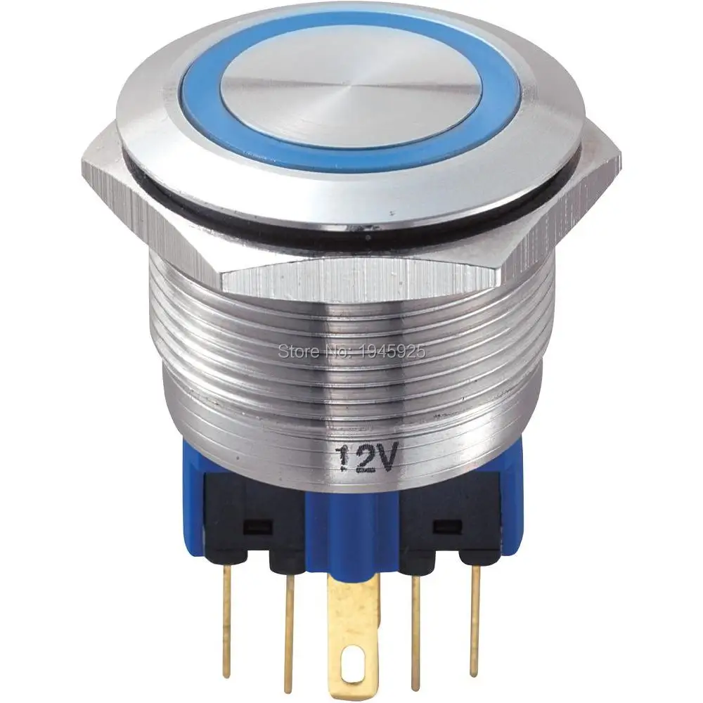

100 pieces 22mm 12V 24V Blue Ring Led Light Momentary Push Button Switch DPST Metal Switch+connector