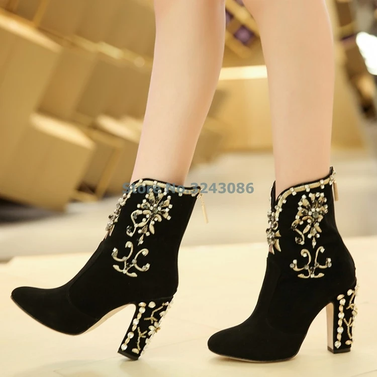 As Nueva Gamuza Redonda Llegada Picture Botas Alto De Bordar Punta Cortas Tacón Moda Mujer Elegante Gruesa Zapatos Negro Tobillo wxTpqvvZ
