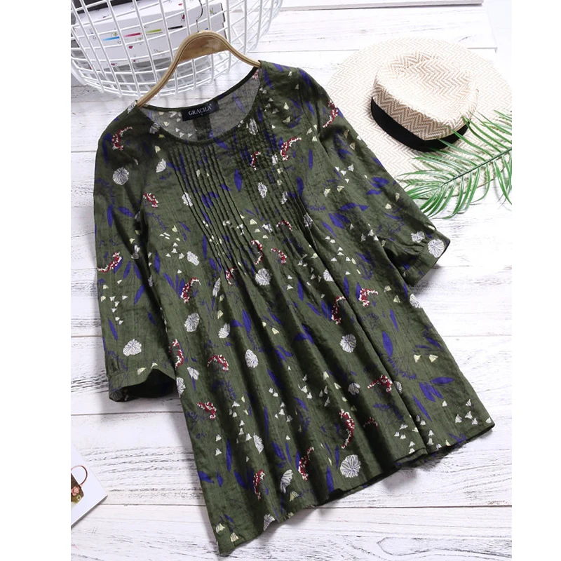 

Womens Cotton Linen Shirt 2019 Summer Fashion Loose Tops Print Three Quarter Shirt Casual Vintage Femininas Tunic Top Plus Size