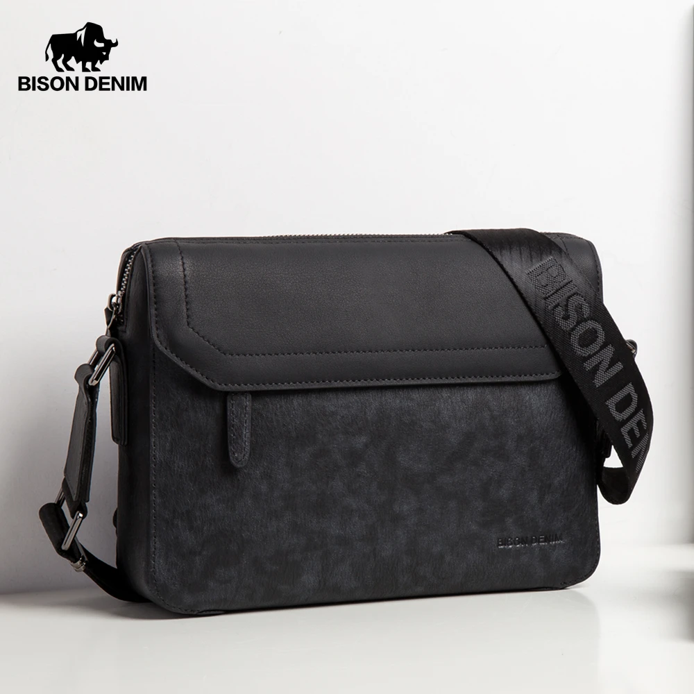

BISON DENIM Genuine Leather Men's Shoulder Bag Luxury Crossbody Bag For Men Business Travel iPad Messenger Bags N2846