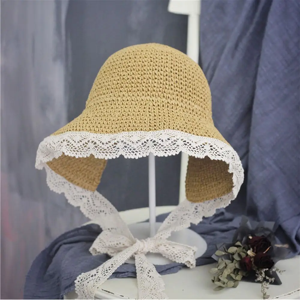 Для женщин Летняя шляпа с широкими с полями, солнце шляпа ручной работы с кружевной лентой лук соломы Шапки складной Для женщин девочек приморский пляж Кепки