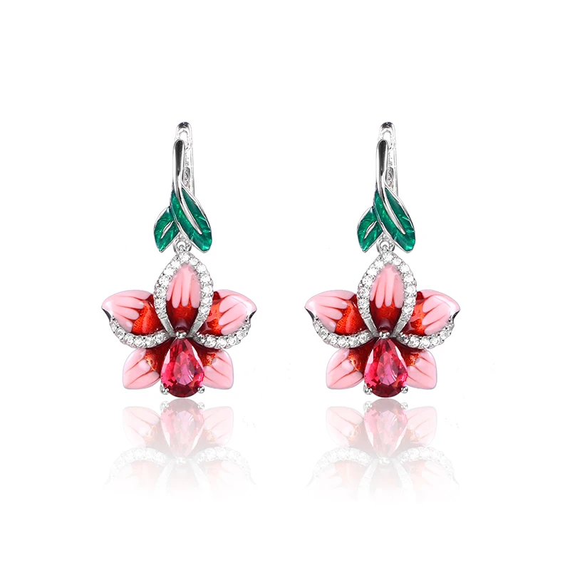 2018 New Pink Enamel silver orchid Jewelry Set (stub Earrings Pendant ring) Authentic 925 Sterling Silver Jewelry DIY Making (1)