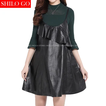 

Plus size summer fashion women high quality Sheep skin luxury V neck Sling butterfly black sexy genuine leather Ruffles dress