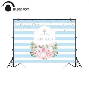

Allenjoy backgrounds for photography studio Blue stripe silver dot cross flower god bless backdrop newborn baby shower photocall