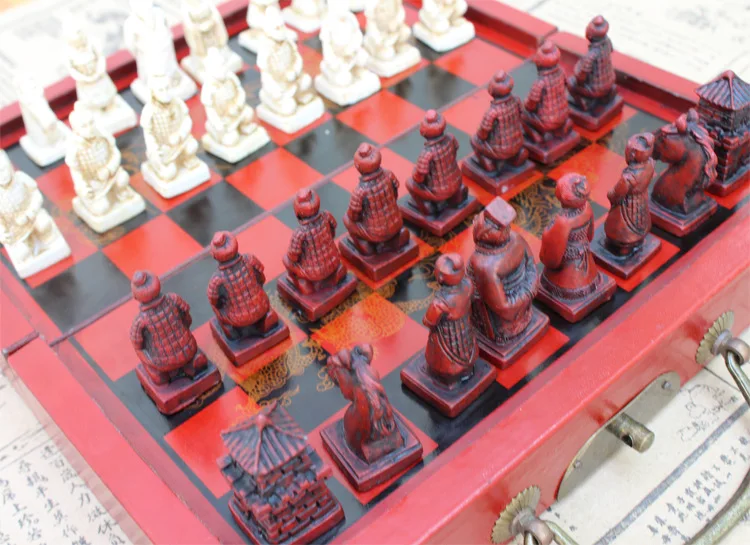 Шахматы Коллекционные вещи Винтаж китайских терракотовых воинов 32 шахматы чессман-Путешествия складной Портативный доска