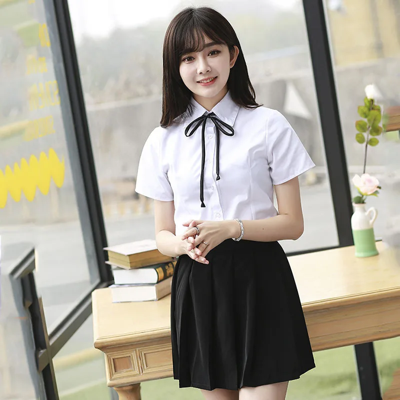 

Summer Preppy style White Japanese Student Women School Uniform White color Shirt + Teens short sleeve Black skirt + Ribbon tie