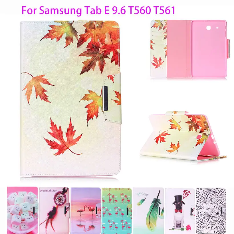 

Fashion Cartoon flower painted PU Leather Case For Samsung Galaxy Tab E 9.6 T560 SM-T560 T561 Cover Tablet Funda Stand Shell