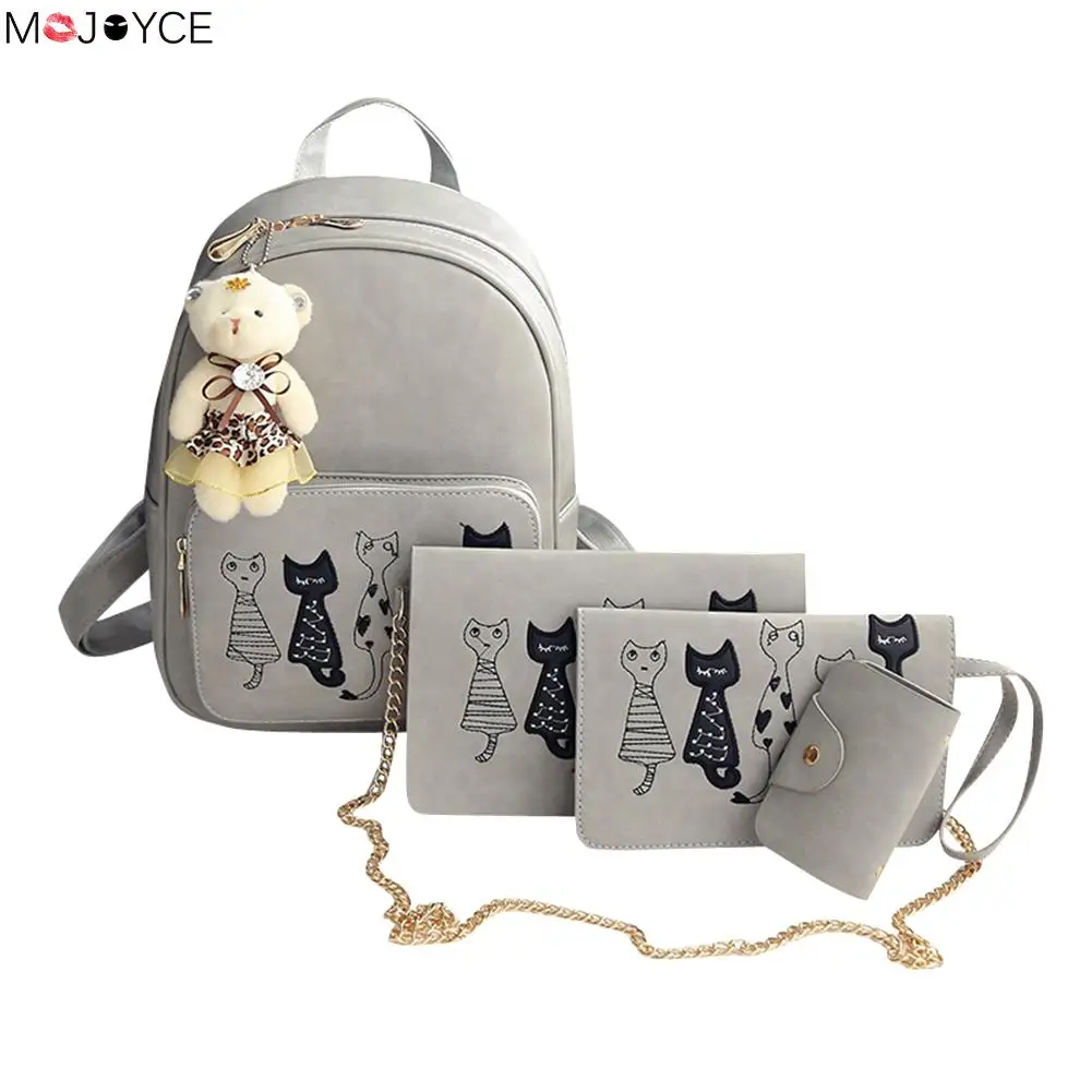4 шт., милый маленький рюкзак с принтом кота, набор для девочки-подростка, черный женский рюкзак из искусственной кожи, сумка на плечо, сумочка, сумка mochila - Цвет: 2