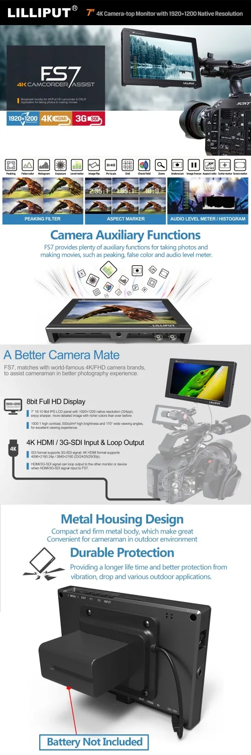 Lilliput FS7 7 Inch IPS 3G-SDI Monitor 1920x1200 4K HDMI Camera Field Monitor with Battery Peaking Focus False Color