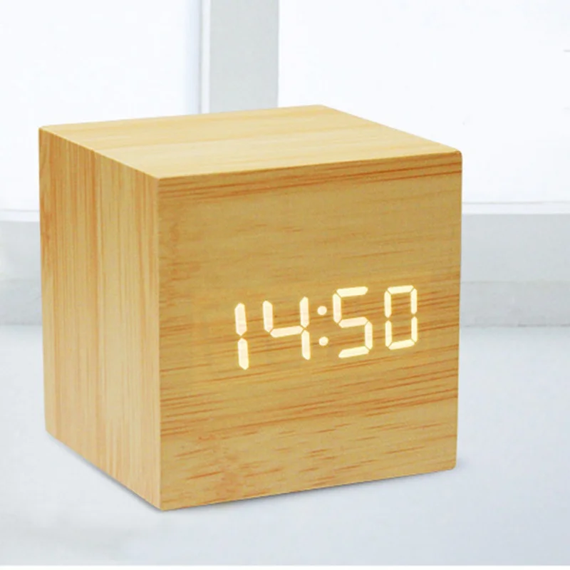 Мини-часы с деревянными звуками, новые современные деревянные цифровые Светодиодный Настольные часы с будильником, прикроватные настольные часы с календарем, настольный декор