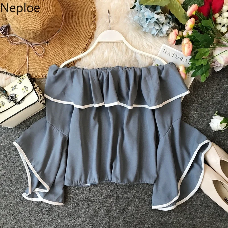 

Neploe Spring Summer 2019 Women Tops Sweet Slash Neck Flare Sleeve Blusa Korean Solid Chiffon Half Sleeve Short Blouse 43094