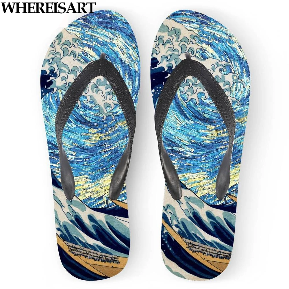 

WHEREISART Flip Flops Women Summer 2019 Art Painting Starry Night Wave Printing Beach Flat Water Flip Flops for Ladies Slippers