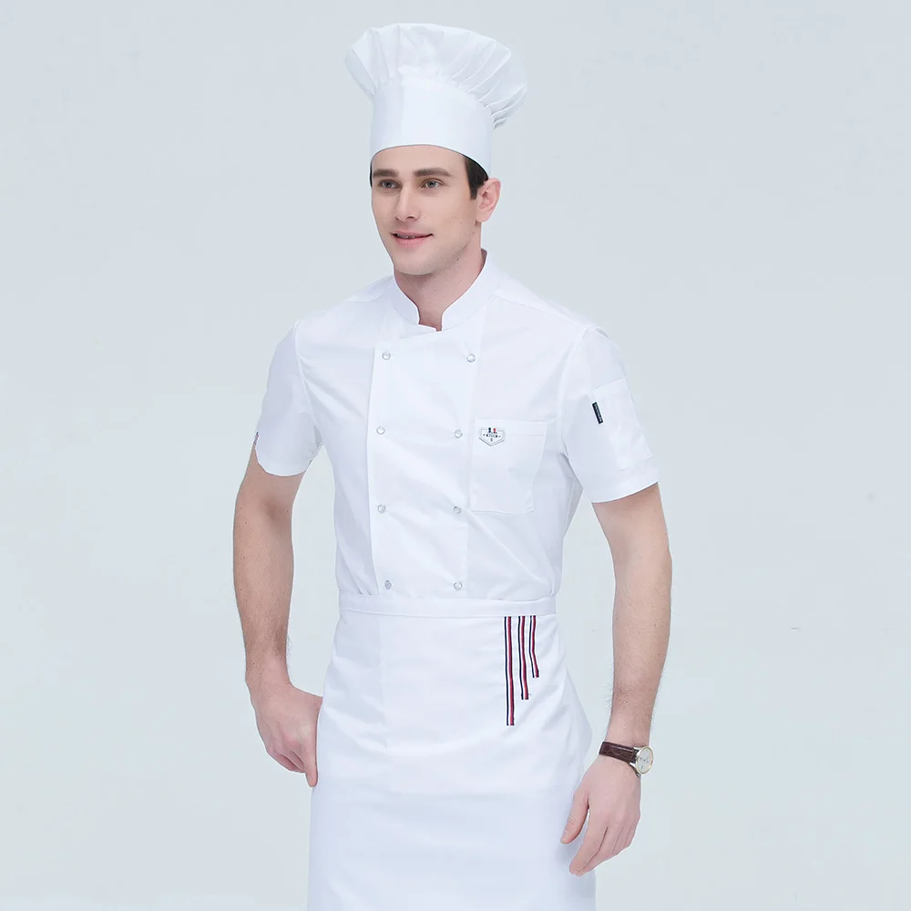 sanxiaxin Kitchen Chef Uniform Food Service Wholesale 4 colors Short Sleeve Double Breasted Bakery Cook Wear Chef Jacket & Apron