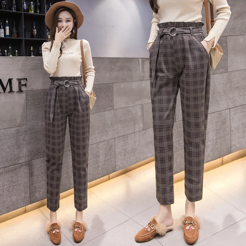 

High Waist Flower Trousers Female 2019 Autumn and Winter New Woolen Plaid Nine Points Harem Pants Plaid Small Feet Carrot Pants