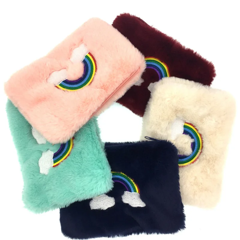 

Rainbow Messenger Bags Bentoy Rabbit Embroidery Girls Pom Poms Zipper Soft Wallet Sweet Handbags Shoulder Bags For Women