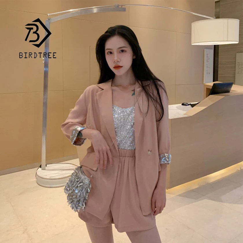 

Women Notched High Waist Sequined Patchwork Shiny Blazer Wide Leg Shorts Suit Elastic Waist 2 Piece Set Elegant Suits S96103F