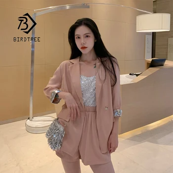 

Women Notched High Waist Sequined Patchwork Shiny Blazer Wide Leg Shorts Suit Elastic Waist 2 Piece Set Elegant Suits S96103F
