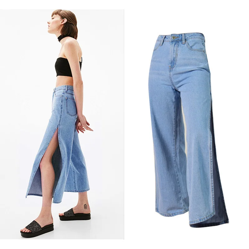 

Two Side Split Women Fashion Summer Denim Wide Leg Pants High Waist Loose Trousers Calf-length Jeans Pants