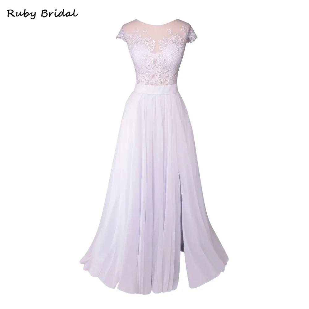 

Ruby Bridal Elegant Vestido De Noiva Long Wedding Dresses White Ivory Tulle Appliques Split Charming Beach Bridal Gown LW012