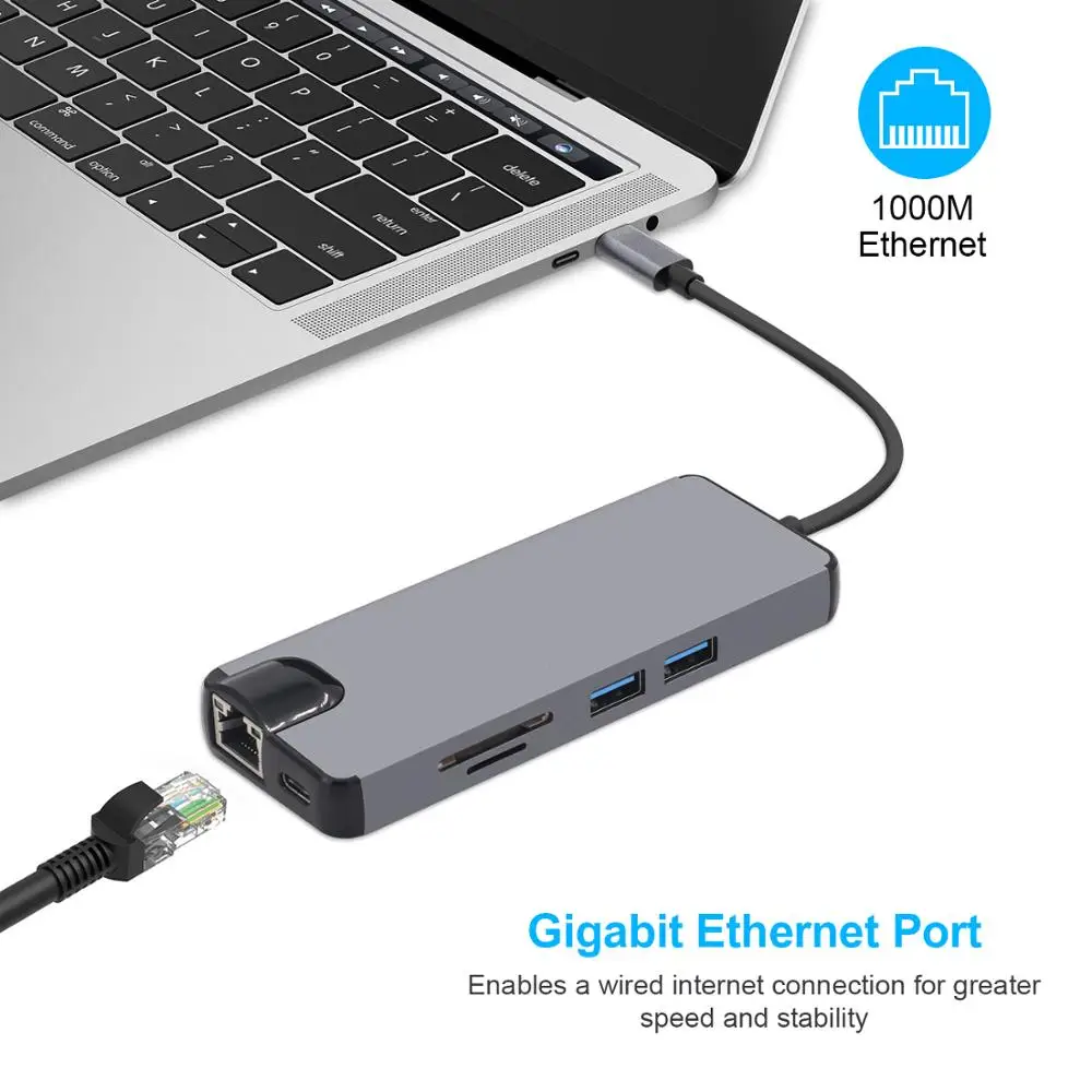 8 en 1 USB C a HDMI Hub 4 K Video RJ45 Gigabit Ethernet adaptador VGA USB-C Centro SD TF lector de tarjetas para Macbook Pro Huawei MateBook - 2