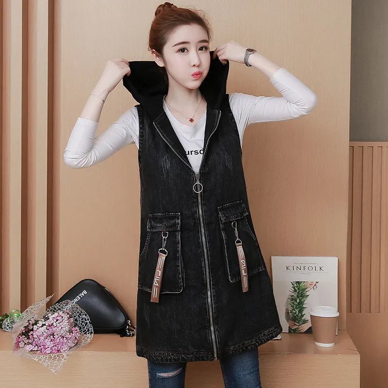 

Spring Denim Vest Women Medium Long Sleeveless Jacket 2019 Back Embroidery Hooded Denim Wiastcoat Casual Gilet Femme