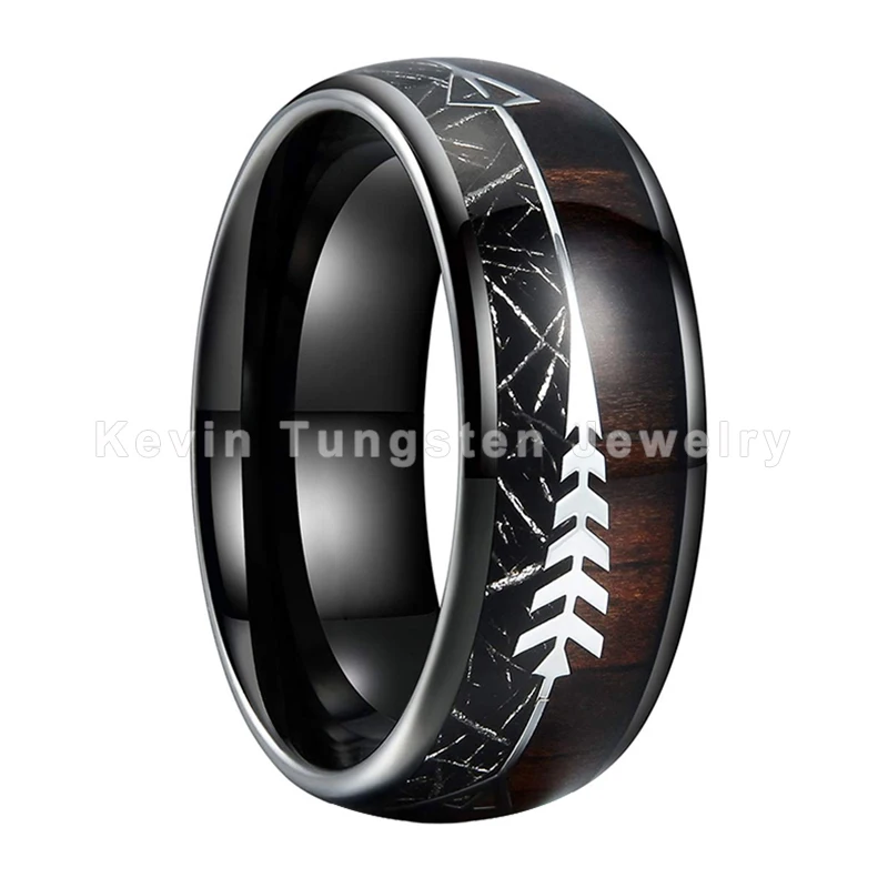 Черное кольцо с метеоритом, вольфрамовое обручальное кольцо для мужчин и женщин, купольное кольцо со стрелкой, деревянная инкрустация, удобная посадка
