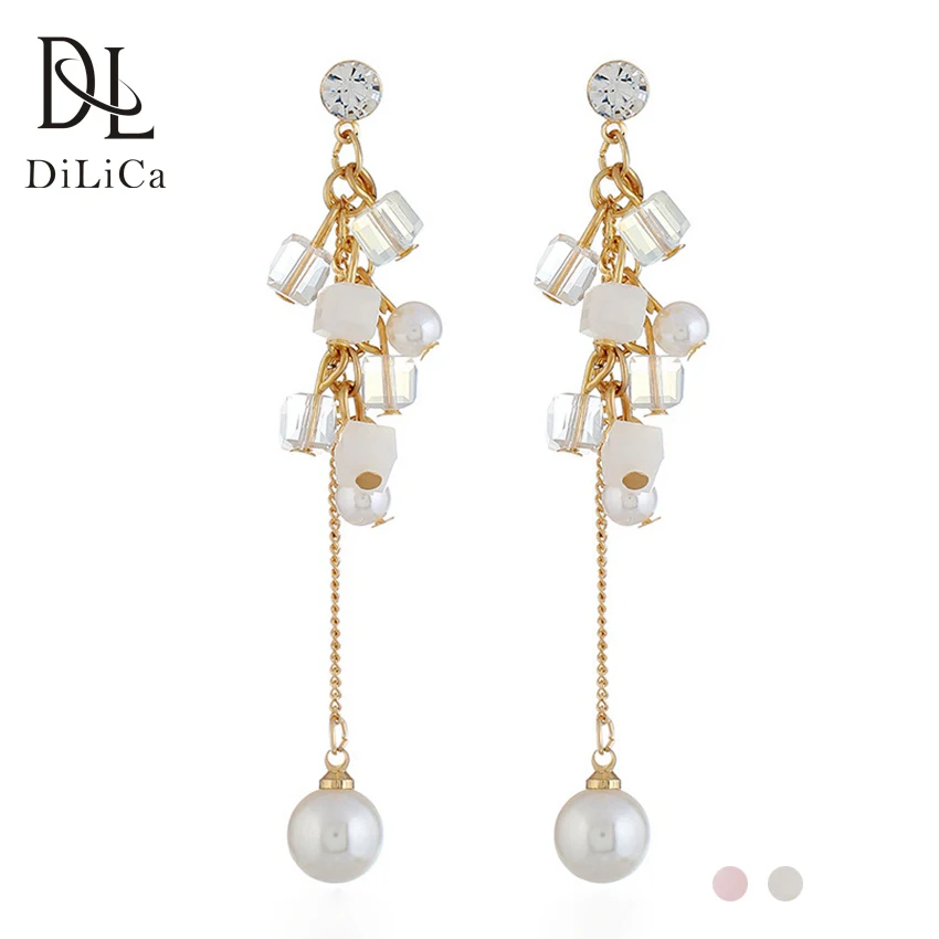 DiLiCa Hot Trend Long Drop Earrings Female Korean Style Simulated Pearl Crystal for Women Fashion 2019 Earring | Украшения и