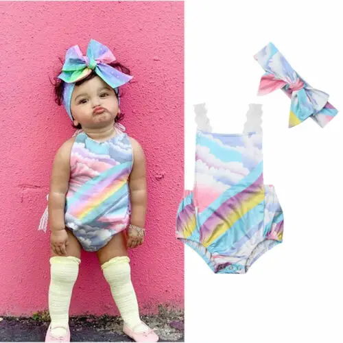 

2PCS Infant Baby Girl Kid Lace Casual Sleeveless Rainbow Bodysuit Jumpsuit +Headband Summer Clothes Set