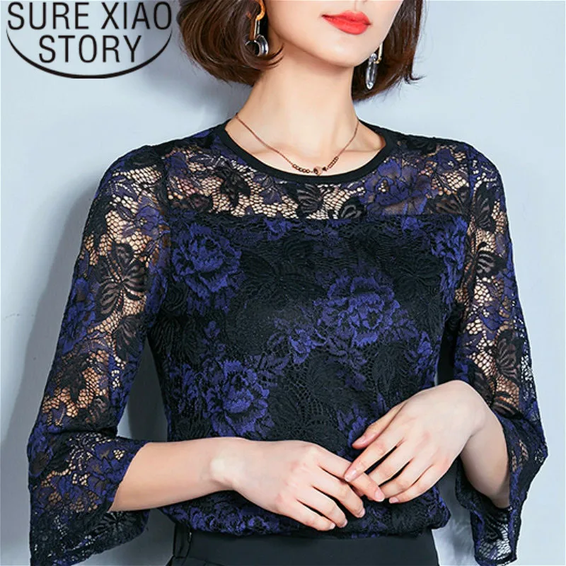 

blusas mujer de moda 2019 Lace Shirt Female Short Sleeve Blouse O-neck women blouses shirts fashion Black women tops 2221 50