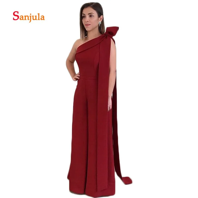 

Burgundy Satin Pants for Women One Shoulder Simple Formal Evening Dresses Gowns Long Girls Party Dresses robes de soiree D445