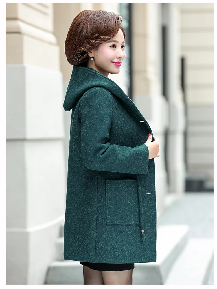 Осеннее Новое модное длинное женское пальто из искусственной шерсти, большие размеры, шерстяное пальто с капюшоном для мамы среднего возраста, женское элегантное приталенное пальто