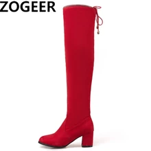 Большой размер 48, высокие сапоги до бедра из эластичной ткани женские повседневные Сапоги выше колена пикантные сапоги на толстом высоком каблуке Женская обувь черного и красного цвета