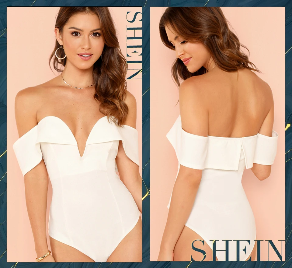 SHEIN White Deep V Neck Front Bardot Bodysuit Sexy Party Off Shoulder Skinny Bodysuits Women Plain Mid Waist Summer Bodysuit