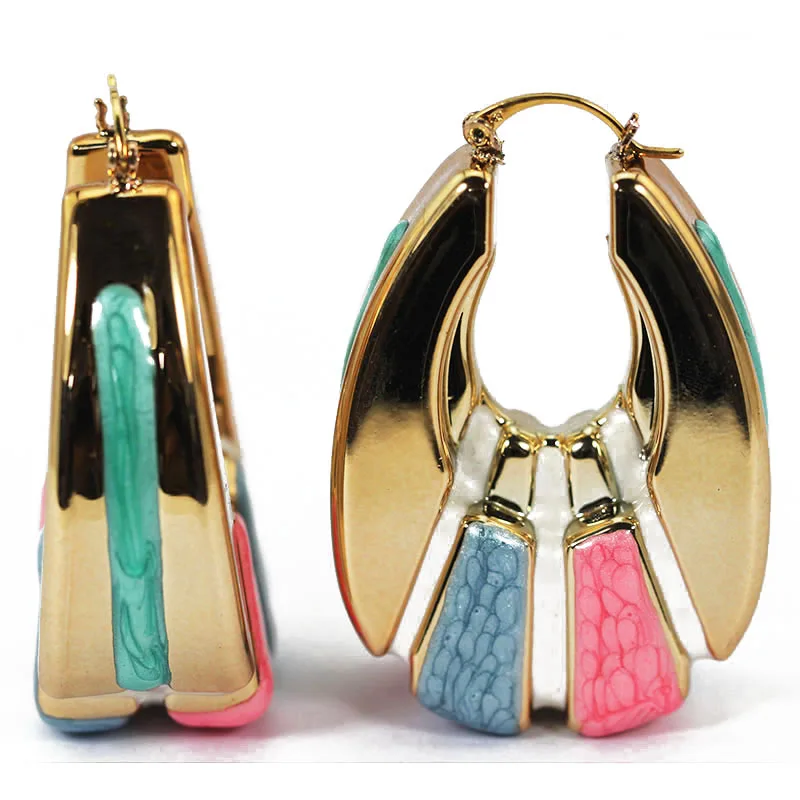 

Luxury Gold Hoop Earrings for Women Pink Blue Enamel Glaze Earrings Drop Shaped Fashion Bride Jewelry 2019 EA032