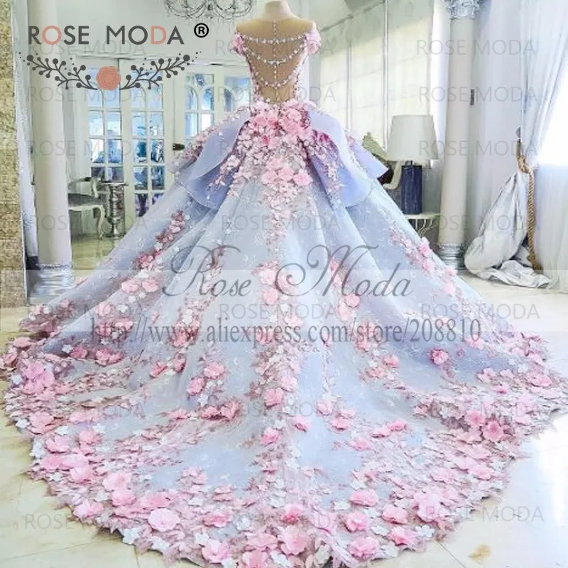 Роза Moda роскошный синий кружево свадебное платье с кристаллами 3D цветок без бретелек свадебное платье длинным шлейфом