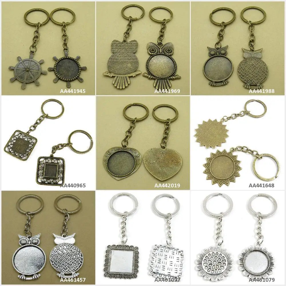 

Antique Bronze Silver Tone Keychain Keyring Keytag Sunflower Cabochon Setting Square Base Blank Owl Sun Round Heart Rudder Gift