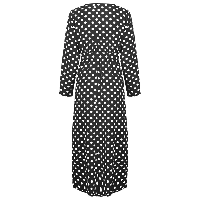 Qunndy 2018 Sexy Long Sleeve V Neck Long Party Maxi Dresses Polka Dot Print Beach Bohemian Vintage Dress Women Casual Vestidos (11)