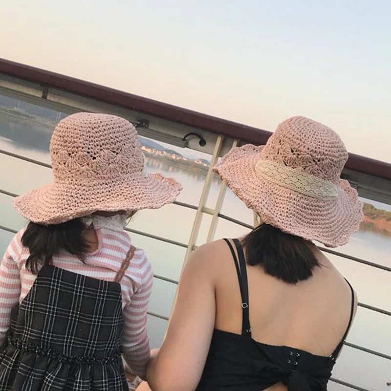 

Girls Straw Hat Summer Baby SunHat Round Top Raffia Wide Brim Straw Hats Children Ribbon Design Women Parent-Child Beach Caps