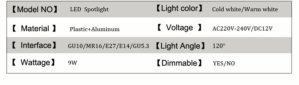 Без затемнения GU10 MR16 Светодиодный точечный светильник 220 В 9 Вт COB Чип угол луча 120/60 пластиковый Алюминиевый Холодный Точечный светильник Настольный потолочный светильник