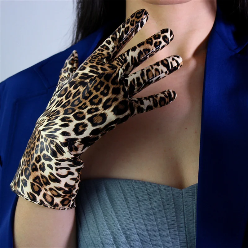 Для женщин 40 см Лакированная кожа леопардовые Кожаные перчатки длинные SectionSimulation Кожа PU Яркие Кожаные Golden Brown животный принт