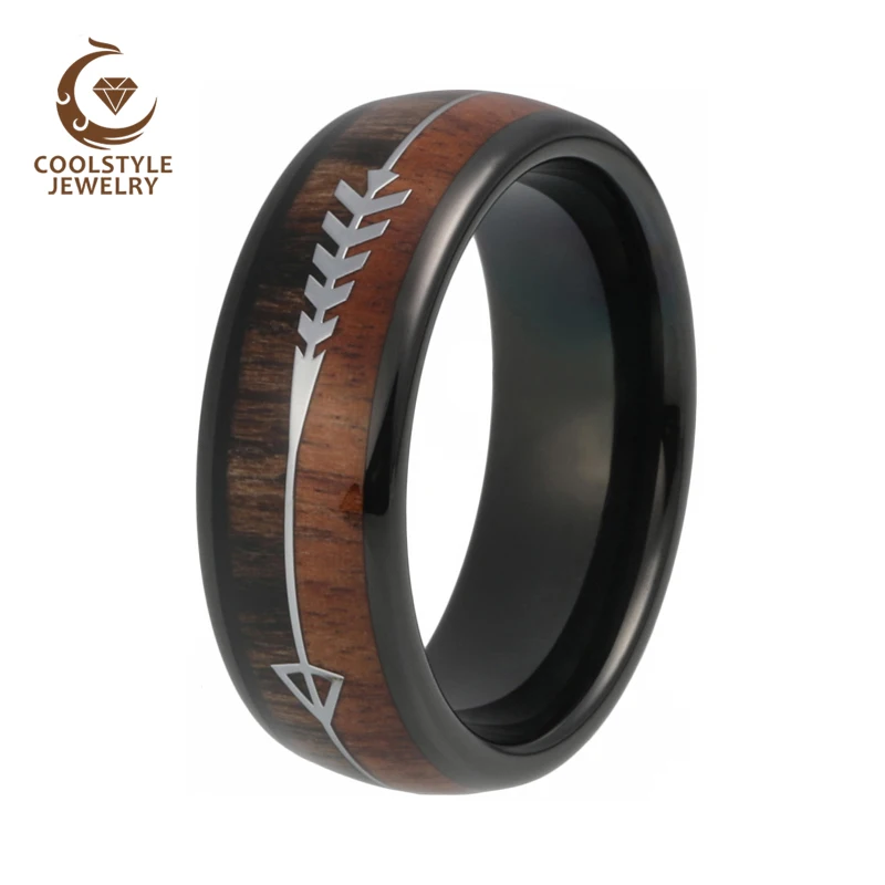 Günstig 8mm Herren Hartmetall Ringe Womens Hochzeit Bands Koa Holz Pfeil Inlay Gewölbtem Poliert Glänzenden Comfort Fit