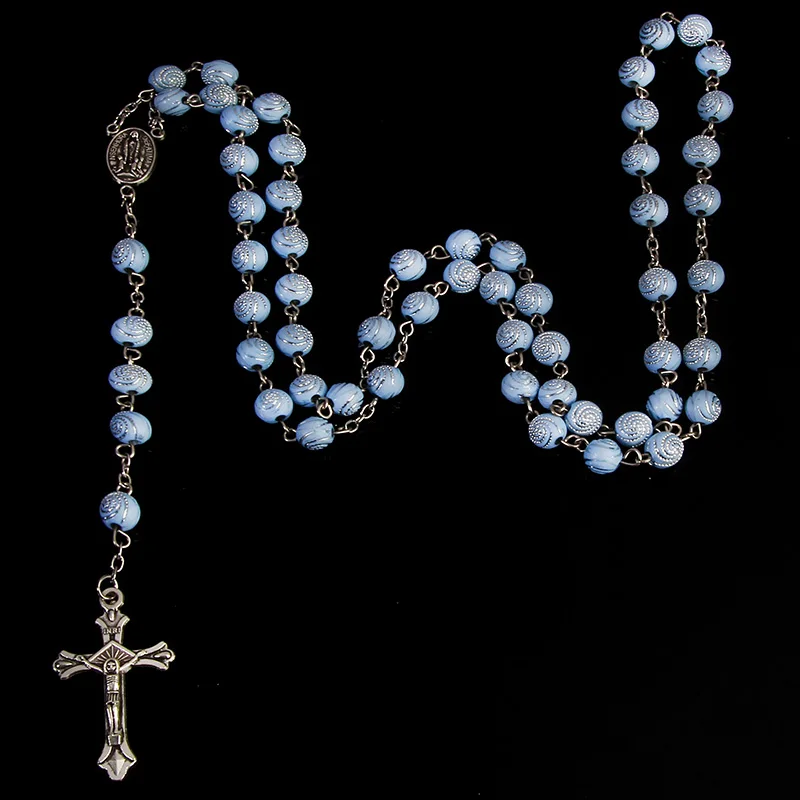 Classic 8MM Spiral Plastic Rosary Necklace, Santa Maria Prayer Necklace, Christian Cross Necklace Religious Jewelry