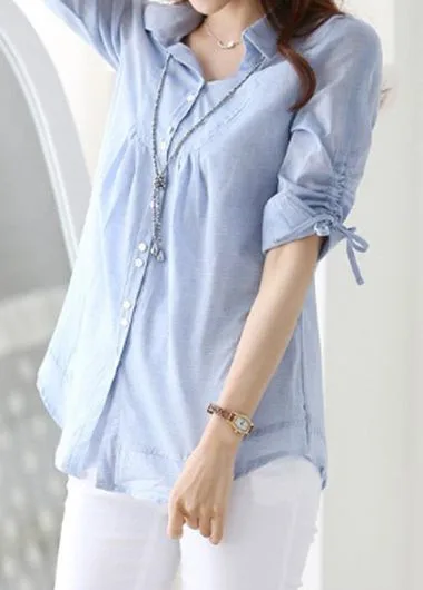 

2017 Solid Light Blue Button Up Turn down Collar Curved Shirt Casual Loose Office Wear Drawstring Sleeve Blouse