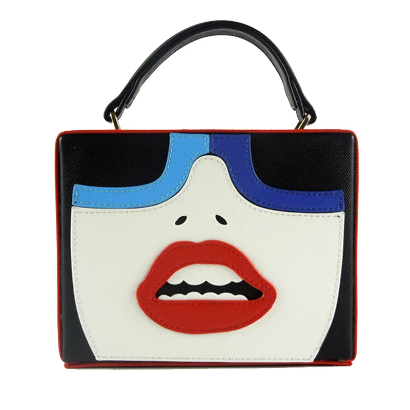 

New Design black handbag Vintage Girls Red Lip bags Carton Face Print flap lady Patchwork Hit Color Box PU Leather shoulder bag