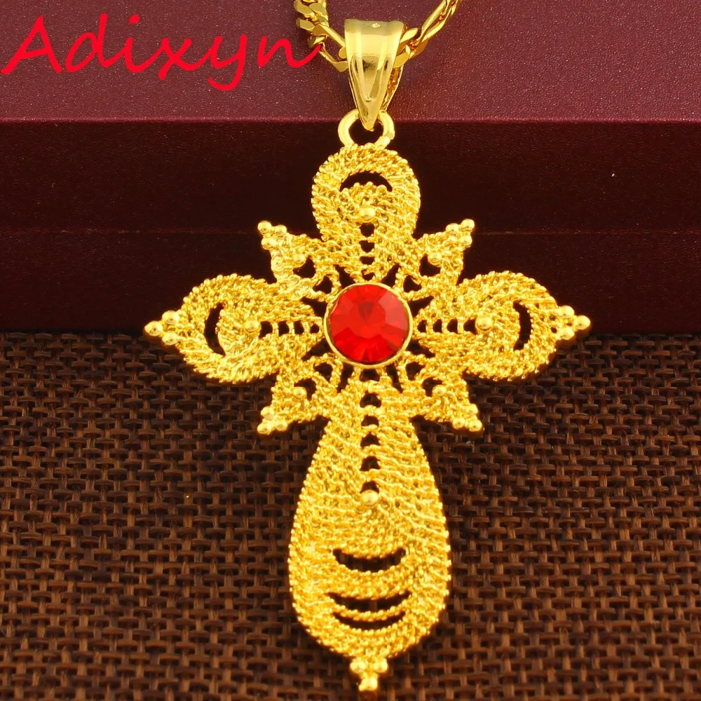 

New African Red Stone Big Cross Pendants Necklaces For Women 24K Gold Color Jewelry Crosses Ethiopian/Eritrea/India Desigh