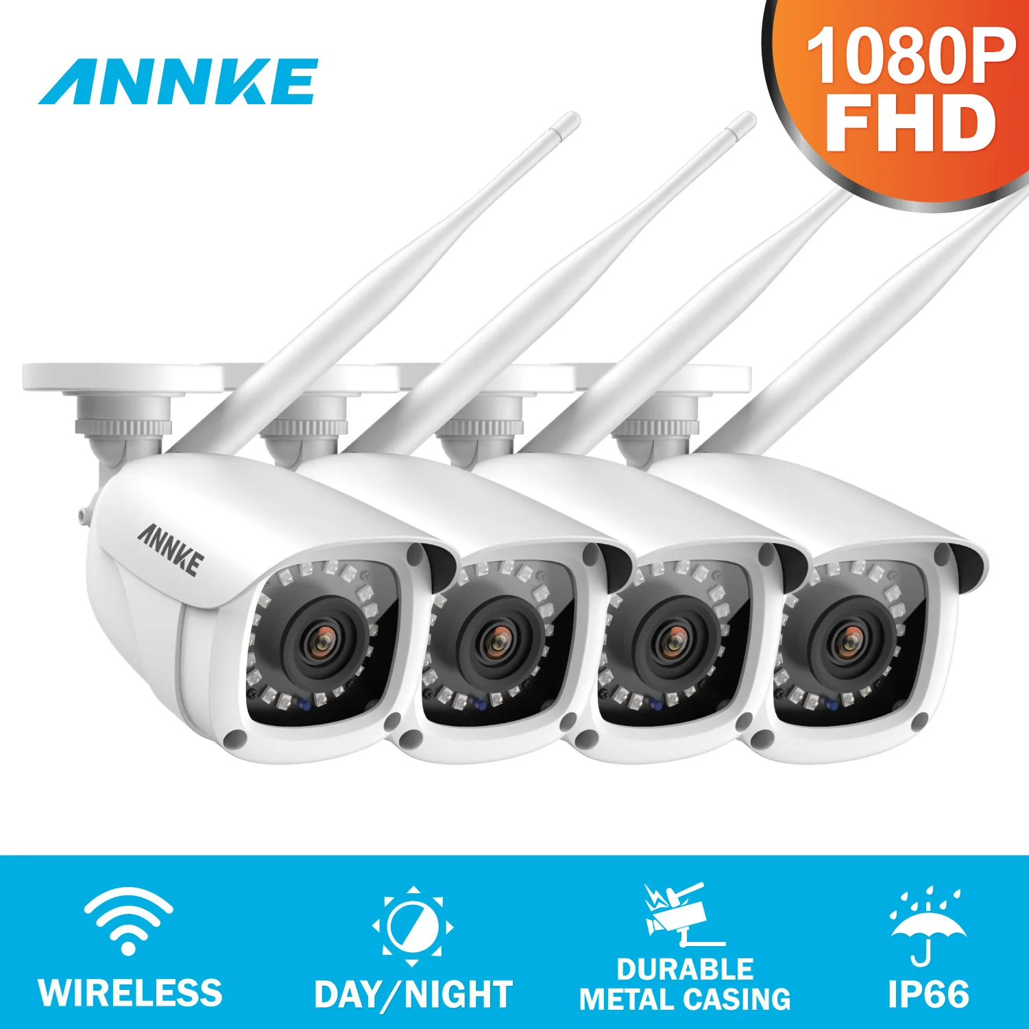 

ANNKE 2X 4X FHD 1080P IP WiFi Wireless Video Security Camera System Bullet Weatherproof Camera 100ft Night Vision With Smart IR
