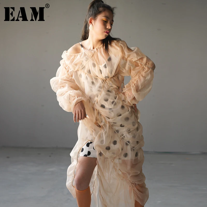 

[EAM] 2019 New Autumn Winter Round Neck Long Sleeve Dot Printed Fold Perspective Irregular Two Piece Dress Women Fashion JR264